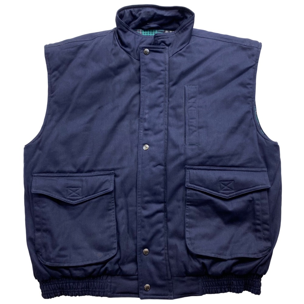 Fieldmaster Canvas Utility Vest Mens Large Navy‎ Blue Plaid Lined Insulated VTG